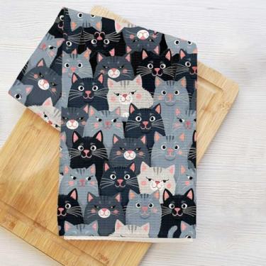 Imagem de Toalhas de cozinha com padrão de colagem de gato, toalha de prato decorativa de microfibra absorvente, toalhas de mão de waffle para cozinha, casa, banheiro, presentes para amantes de gatos