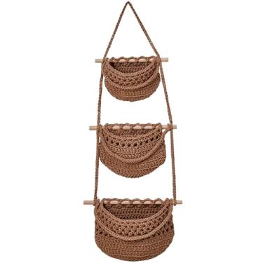 Imagem de Conjunto de cesta de frutas pendurada de algodão de 3 camadas - Cestas organizadoras de parede de macramê marrom para cozinha, banheiro, frutas, legumes, toalhas de produtos