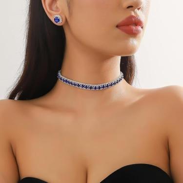 Imagem de Colar gargantilha de zircão de cristal para mulheres brilhantes requintados brincos quadrados de strass casamento noivas damas de honra festa de formatura joias presente (azul)