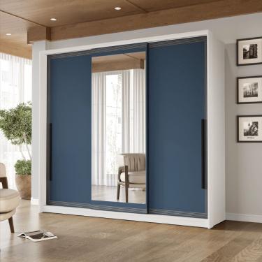 Imagem de Guarda Roupa Roupeiro 3 portas de correr 4 gavetas com Espelho Valência Branco Azul Politorno Móveis