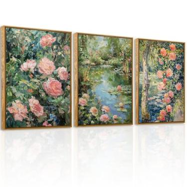 Imagem de QTUSYUR Arte de parede de flor de rosa em aquarela - Impressão de arte de lagoa de jardim de fazenda grande - Planta com arte em tela floral para sala de estar de fazenda - Pintura abstrata vintage