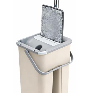 Imagem de Mop Flat com Balde Duplo Reservatório 3,5L Cabo Inoxidável Sistema de Limpeza para Cantos Difíceis 2 Refis (Bege)