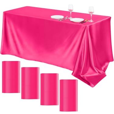 Imagem de TURSTIN Pacote com 4 toalhas de mesa de cetim rosa choque 260 x 137 cm sobreposição de cetim toalha de mesa retangular de seda brilhante decoração de mesa de tecido liso para festas de banquete de