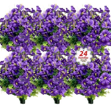Imagem de Flores artificiais para decoração de primavera e verão, 24 pacotes de plantas de plástico falso, eucalipto de seda sintética resistente a UV para jardim, varanda, pátio, porta da frente, roxo