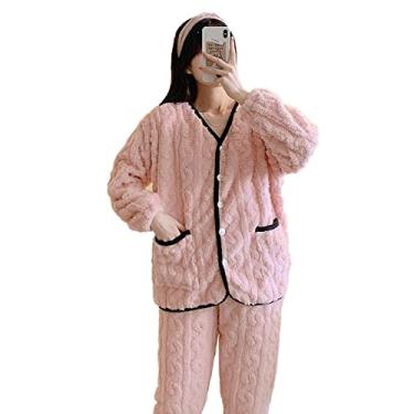 Imagem de HHHJQFAAT Pijama feminino de veludo coral feminino primavera e outono inverno flanela grossa cardigã de manga comprida para casa (Blackedgepink 4X)