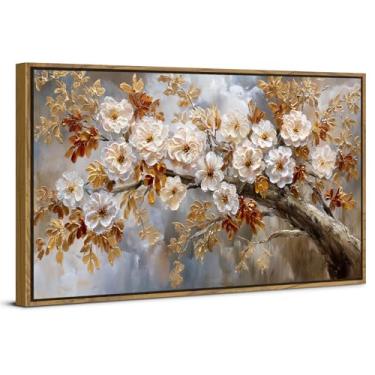 Imagem de Arte de parede de flor branca, árvore dourada, decoração de parede para sala de estar, abstrata, floral, árvore, pintura em tela, retrô, flores douradas, pôsteres estampados, vintage emoldurado, arte