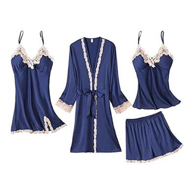 Imagem de HHHJQFAAT Pijama feminino 5 peças conjunto de pijama cami de cetim com roupão decote em V vestido de dormir floral guarnição de renda GG Borgonha-B (cinza b)