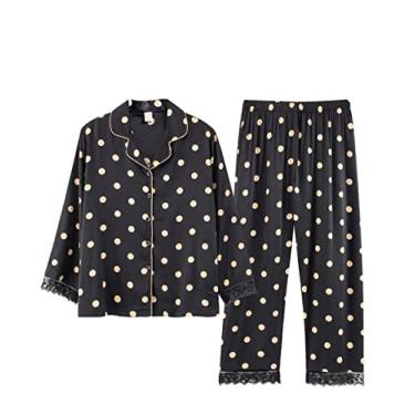 Imagem de Conjunto de pijama feminino de seda de outono de manga comprida com estampa de pontos (preto médio)
