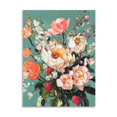 Imagem de Arte de parede floral rosa abstrata: imagens de flores brilhantes para decoração de parede vibrante multicolorida impressão em tela de fundo verde decoração de primavera para sala de estar quarto