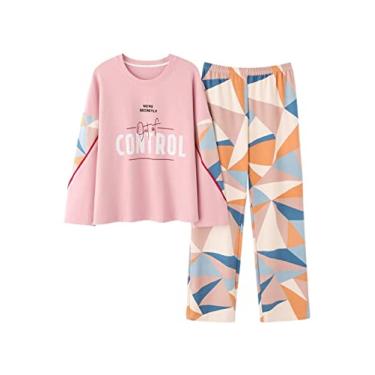 Imagem de HHHJQFAAT Conjunto de pijama plus size outono camisola feminina gola redonda pijama pijama versão solta (rosa médio)