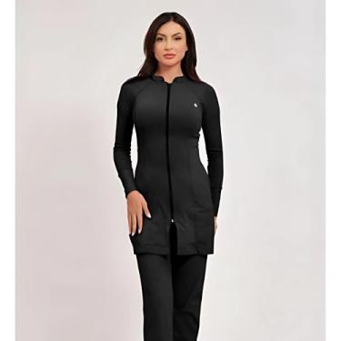 Imagem de Jaleco Feminino Profissional Preto Tec Easy Poliamida Com Zíper Manga 