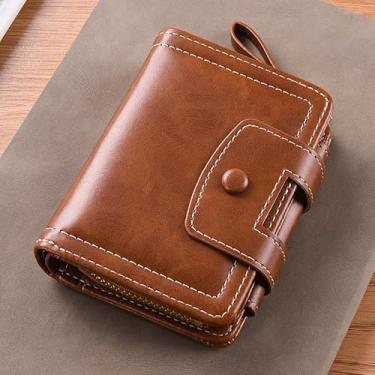 Imagem de Carteira masculina fina com bolso com zíper – Organizador compacto de poliuretano com 12 compartimentos, 12 x 10 cm (preto, café, marrom claro, cáqui), Marrom claro, Retrô