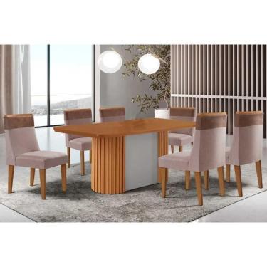 Imagem de Conjunto Sala de Jantar Pilar c/ Tampo Madeirado Canto Curvo 180x90cm e 6 Cadeiras Jaspe Madeira Maciça Naturale/Off White - Capuccino/Linho Capuccino