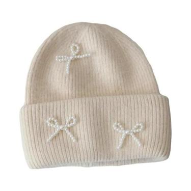Imagem de Gorro Feminino Y2K De Inverno Com Laço E Pérolas, Quente E Fofo, De Lã