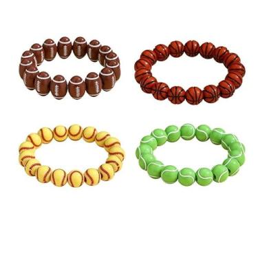 Imagem de coadipress Conjunto de 4 peças de pulseiras esportivas para homens e mulheres, lindas contas de rúgbi, tênis, basquete, beisebol, pulseira elástica, acessórios esportivos para o dia do jogo, para