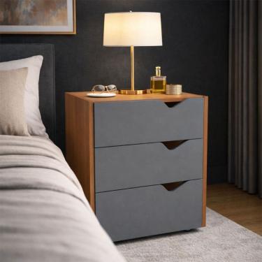 Imagem de Mesa de Cabeceira Porto 3 Gavetas Cinza/Freijó - Politorno