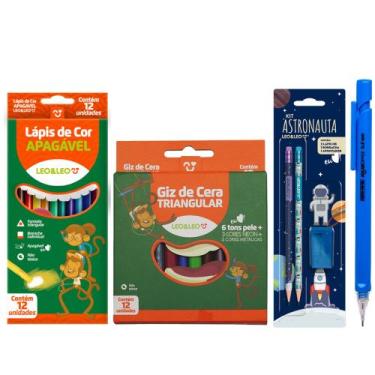 Imagem de Kit Material Escolar Lápis de cor apagável + Giz de cera Triangular 29