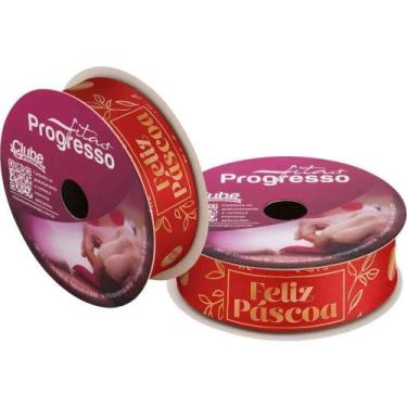 Imagem de Fita de Cetim Decorada 22MM 10M. Feliz Pascoa Vermelh - Fitas Progress