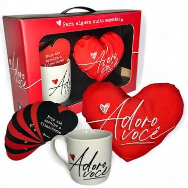 Imagem de Kit Namorado Caneca Almofada E Bilhete De Amor Eu Adoro Você - Mercado