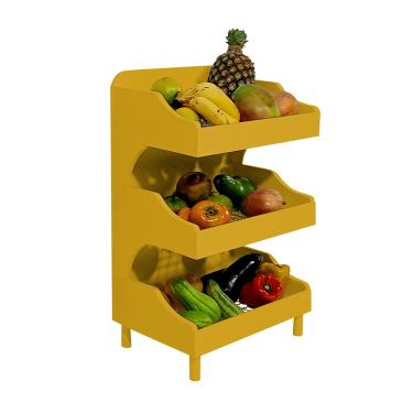 Imagem de Fruteira de Chão com Pé Porta Legumes para Cozinha em Madeira com 3 Prateleiras Amarelo Laca