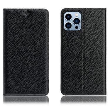 Imagem de LAHappyL Capa tipo carteira para iPhone 13 Pro Max/13 Pro/13/13 Mini capa protetora de couro legítimo com suporte para cartão e absorção magnética oculta, preta, 13 Pro 6,1 polegadas
