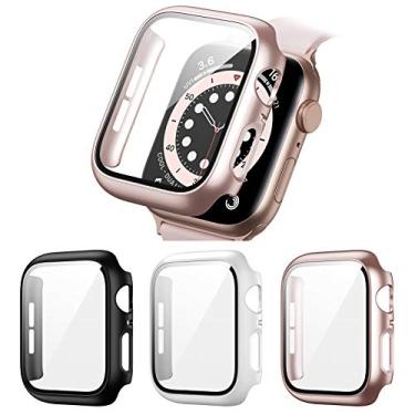 Imagem de Pacote com 3 capas rígidas de PC compatíveis com Apple Watch Series 3/2/1 de 38 mm, BHARVEST capa com protetor de tela de vidro temperado em geral capa sem bolhas para acessórios iWatch, preto + branco + ouro rosa