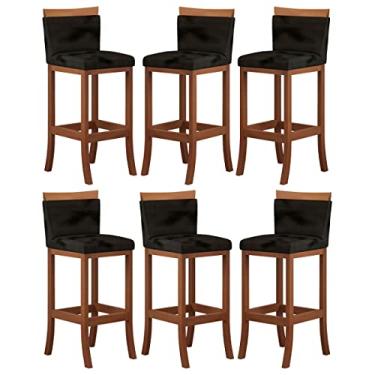 Imagem de Kit 6 Banquetas Média Encosto Estofado 38x88 Cm Paris Madeira Maciça Castanho Suede Preto - CCS