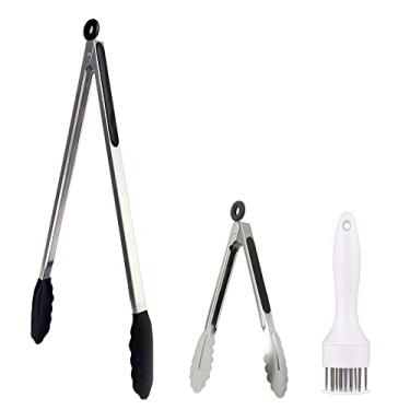 Imagem de UPTALY 1 pinça de churrasco extra longa de 45 cm com cabeça de silicone, 1 mini pegador de salada de aço inoxidável de 20 cm, 1 amaciador de carne com pontas de piercing, pegador de comida de tamanho grande, pegador de cozinha alongado
