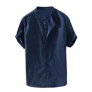 Imagem de Camiseta Retrô Larga Curta Linho Sólido Blusa Blusa com Botão Manga Masculina de Algodão Blusa Masculina Camisas Sociais para Homens, Azul marino, G