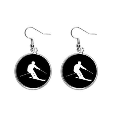 Imagem de Brincos femininos pretos de inverno com silhueta de esqui e brincos pendentes prateados