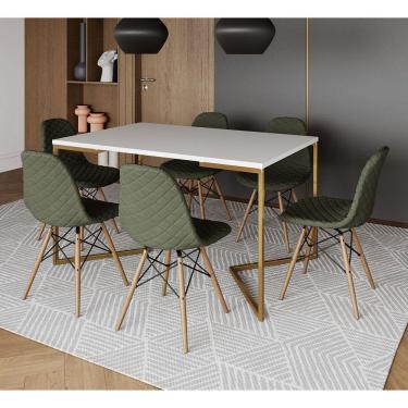 Imagem de Mesa Jantar Industrial Branca Base V Dourada 137x90cm 6 Cadeiras Eames Madeira Estofadas Verdes