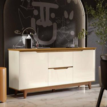 Imagem de Buffet Aparador Retrô 2 Portas 2 Gavetas Pés em Madeira Flow EJ Móveis Off White/Freijó
