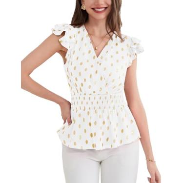 Imagem de GRACE KARIN Peplum Tops para mulheres com decote em V, blusas casuais de negócios, manga curta, bolinhas, babados, camisas de verão, Branco, XXG