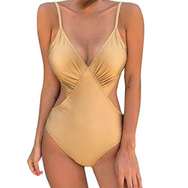 Imagem de Maiô feminino plus size, monoquíni, com controle de barriga, corte alto, biquíni sexy para praia, Amarelo, G