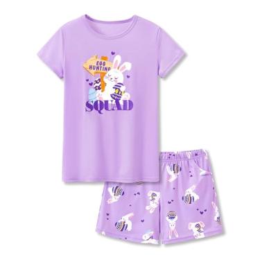 Imagem de Tebbis Tween Roupas para meninas pijama espiral Tie Dye 2 peças camisa e shorts conjunto pijama pijama tamanho 6-18, Coelho roxo, 14