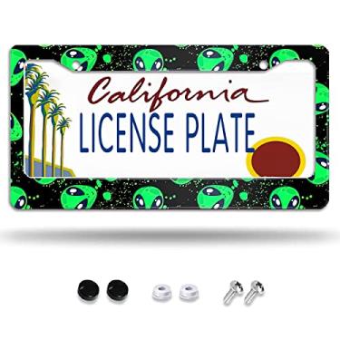 Imagem de Larkverk Aliens UFO moldura decorativa para placa de carro moldura de carro alumínio inoxidável suporte de placa de licença para mulheres 2 furos padrão dos EUA 30 x 15 cm