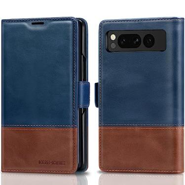 Imagem de KEZiHOME Capa para Google Pixel Fold, capa carteira de couro genuíno [bloqueio RFID] com compartimentos para cartões, capa flip para celular para Google Pixel Fold 5G (2023) (azul royal/marrom)