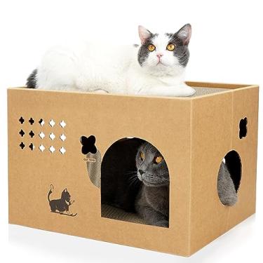 Imagem de ARGOPET Arranhador para Gatos com 2 Almofadas de Arranhar, Cama Grande, Sala para Gatos Internos com Papelão Ondulado, Caixa Removível (Cacto)