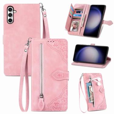 Imagem de Furiet Capa carteira para Samsung Galaxy S24 Plus S24+ 5G com cordão de pulso, bolso de couro com zíper com estampa de flor, suporte para cartões, capa de celular para S24plus 24S + S 24 24+ rosa