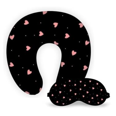 Imagem de Almofada Travesseiro Descanso de Pescoço Viagem + Máscara de Dormir Tapa Olho Coração Rosa