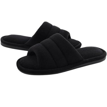 Imagem de shevalues Pantufas femininas de tecido felpudo com bico aberto, espuma viscoelástica, Preto, 5-5.5 Women/3.5-4 Men