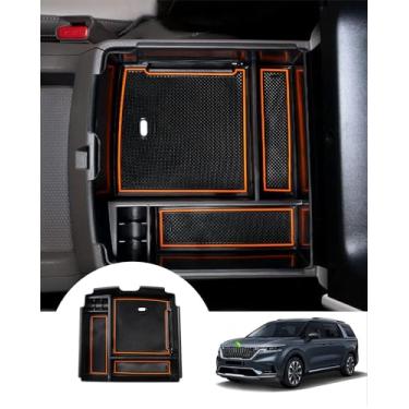 Imagem de Autorder Organizador de console central para Kia Carnival KA4 MPV acessórios para apoio de braço secundário caixa de armazenamento com duas cores tapetes (preto e laranja)