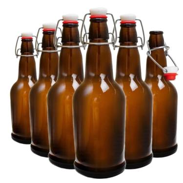 Imagem de ELAORY Garrafa de vidro flip top, pacote com 6 garrafas de vidro com tampa hermética, garrafa de vidro âmbar de 473 ml com tampas, garrafas de cerveja para cerveja caseira e engarrafamento de vinho,