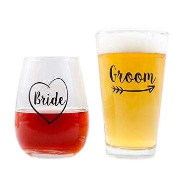 Imagem de Lindos presentes de casamento – Noiva e noivo novidade em taça de vinho e copo de cerveja – Presente de noivado para casais