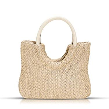 Imagem de Sacola feminina, bolsa de praia de palha, bolsa de couro redonda, tecido boêmio, bolsa de verão adequada para praia, viagens, combinação diária (branca), Branco, Large