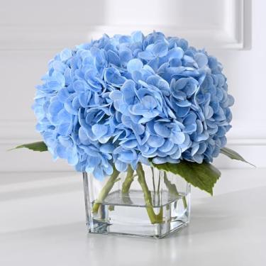 Imagem de BLEUM CADE Flores falsas de poliuretano luxuosas em vaso com água sintética, flores artificiais de hortênsia de toque real azul com vaso de vidro para escritório, casa, sala de jantar, decoração de