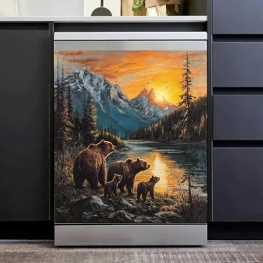 Imagem de Cowfeel Mountains and Rivers Capa magnética para lava-louças de urso marrom, capa de porta de geladeira magnética, lindo pôr do sol com estampa de ursos para lava-louças, decalque de painel artístico,