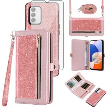 Imagem de Asuwish Capa de celular para Samsung Galaxy A14/M14 5G Carteira com zíper destacável com protetor de tela de vidro temperado alça transversal Bling Glitter Flip porta-cartões A 14 4G 14A 14M G5