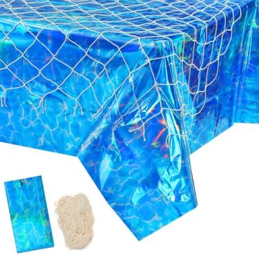 Imagem de Oudain 2 Pcs Fish Net and Iridescent Ocean Waves Tablecloth Set Mermaid Table Decorations for Under The Water Birthday Mermaid Party Seashell Nautical Themed Party Baby Shower Pirate Decorations