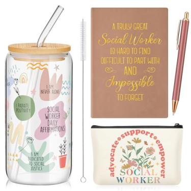 Imagem de Dinifee 4 peças presentes de assistente social para mulheres incluem caneca copo de aço inoxidável de 590 ml com pincel de palha A5 bolsa de maquiagem de couro para notebook e caneta esferográfica,